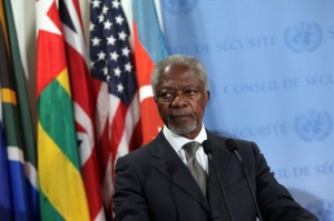 U.N.-Arab League special envoy Annan speaks with media after Security Council consultations at U.N. headquarters in New York...United Nations (U.N.)-Arab League special envoy Kofi Annan speaks with the media after Security Council consultations at U.N. headquarters in New York June 7, 2012. U.N. Secretary-General Ban Ki-moon ratcheted up the pressure on Syrian President Bashar al-Assad on Thursday to end his 15-month onslaught against an opposition seeking to oust him, condemning a reported new massacre in Syria as an "unspeakable barbarity". REUTERS/Allison Joyce (UNITED STATES - Tags: POLITICS)
