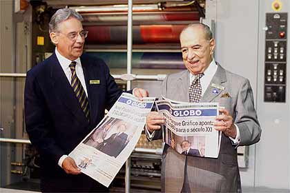 FHC e Roberto Marinho na inauguração do parque gráfico da Globo, em 1999, financiado com dinheiro público
