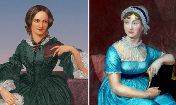 Retratos de Brontë e Austen, respectivamente