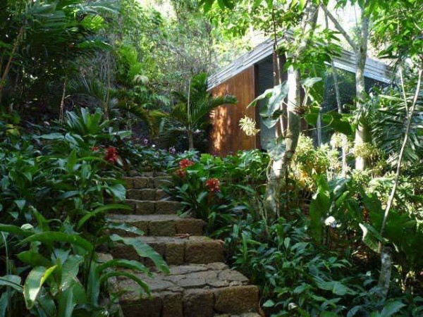Casa de massagem dos Marinhos na mata: réplica da mansão em concreto, aço e vidro