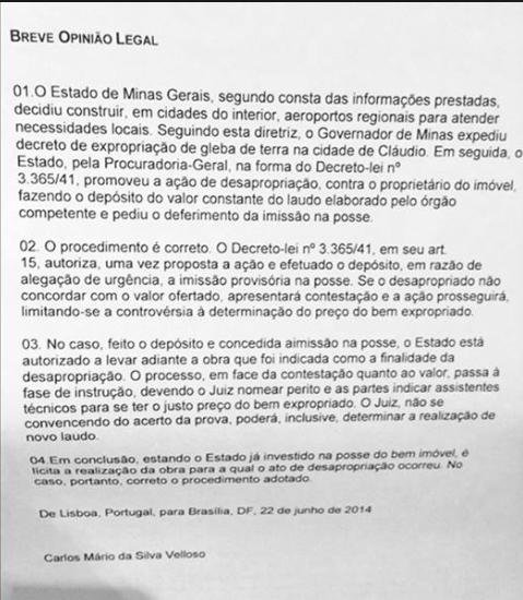 O parecer de Velloso sobre o aeroporto que Aécio fez nas terras do tio