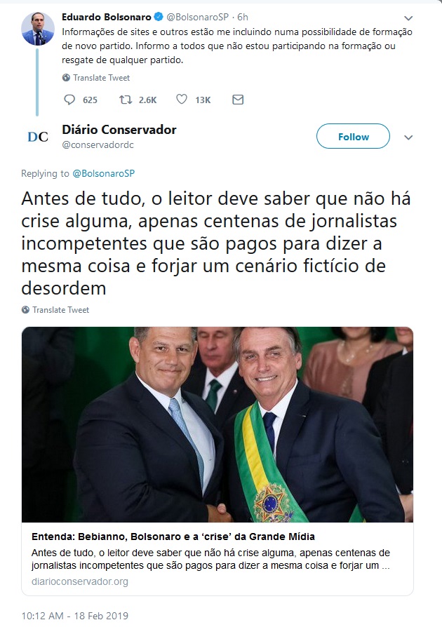 No Twitter, Eduardo Bolsonaro endossa ataque a Bebianno