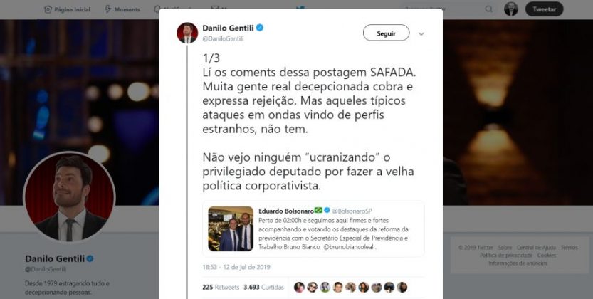 Danilo Gentili, acredite se quiser, critica publicação de Eduardo