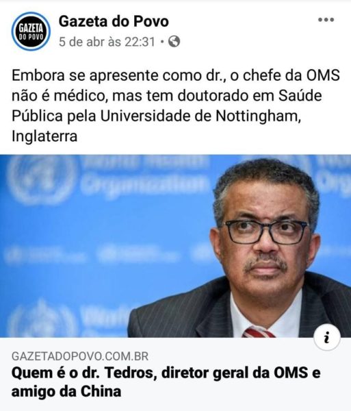 Gazeta Do Povo Denuncia Chefe Da Oms Por Ser Doutor Em Saude E Se Apresentar Como Doutor