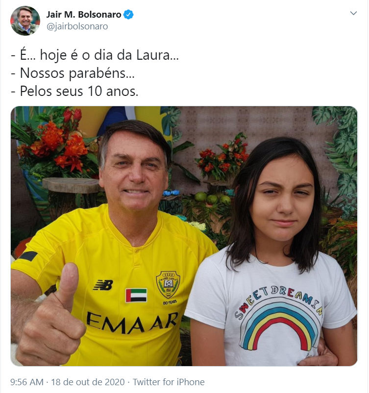 Laura faz 10 anos de idade neste domingo e Bolsonaro parabeniza, Brasil