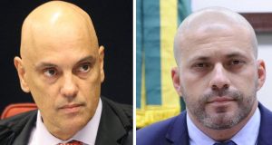 Montagem com as fotos de Alexandre de Moraes e Daniel Silveira lado a lado.