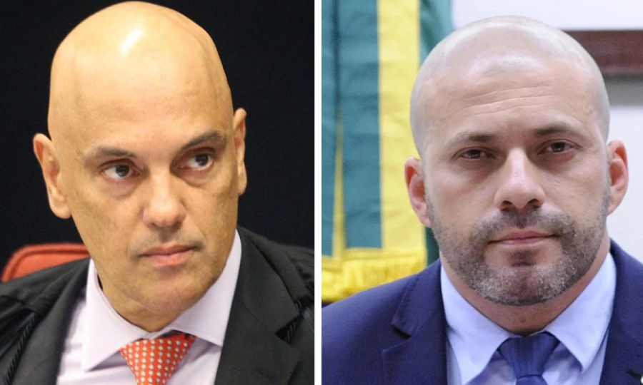 Montagem com as fotos de Alexandre de Moraes e Daniel Silveira lado a lado.