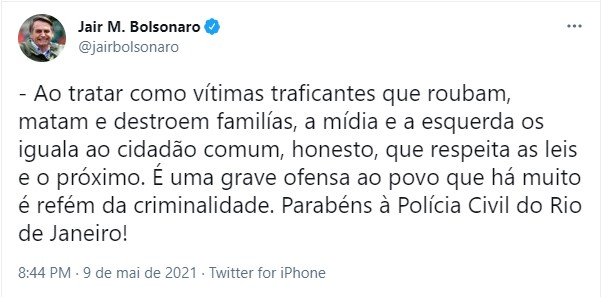 Bolsonaro parabeniza polícia do Rio por chacina no Jacarezinho