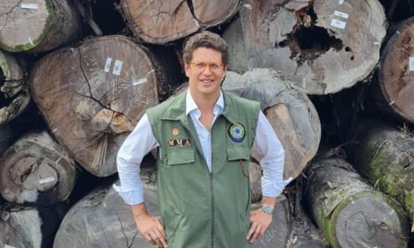 Ricardo Salles posa à frente de madeira extraída de concessão ilegal da Amazônia