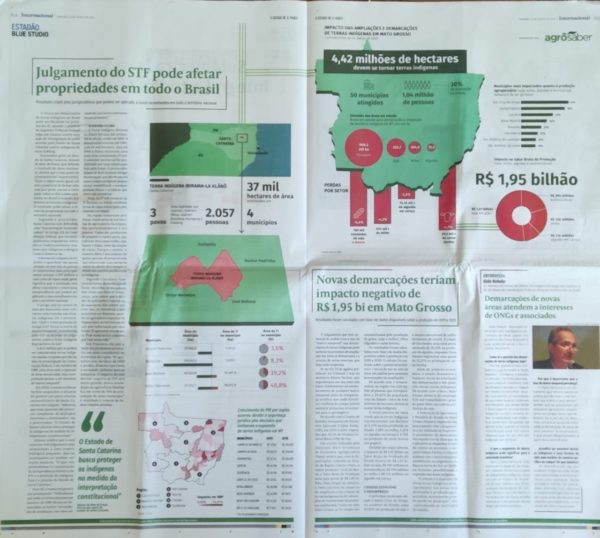 Edição impressa do Estadão com Conteúdo Patrocinado defendendo a não demarcação de territórios indígenas 