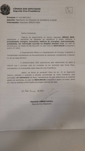 O documento que ressarciu os R$ 54 mil da prótese peniana de Sérgio Reis
