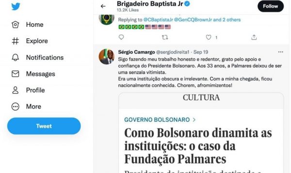 Print dos posts compartilhados pelo brigadeiro golpista