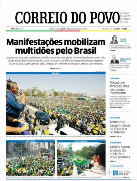 Capa do jornal Correio de Povo fala que Multidões marcharam com Bolsonaro pelo Brasil 
