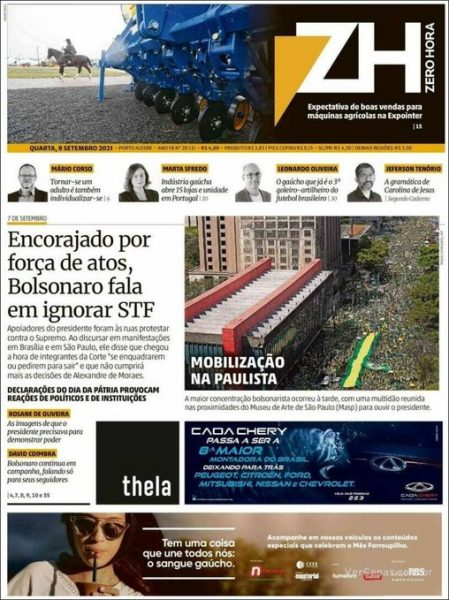 Capa do diário Zero Hora de Porto Alegre
