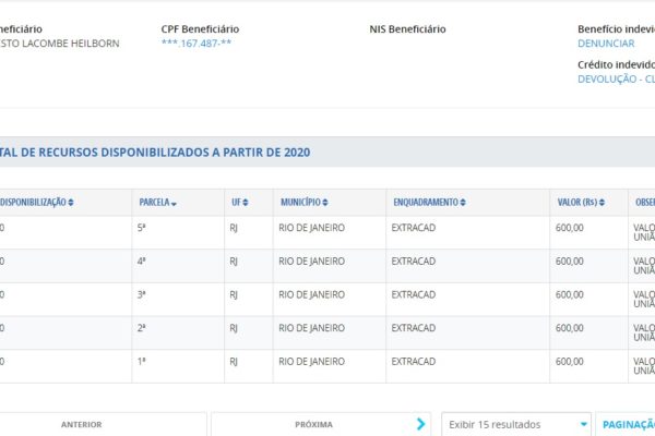 Print mostra Lacombe como beneficiário do Auxílio emergencial