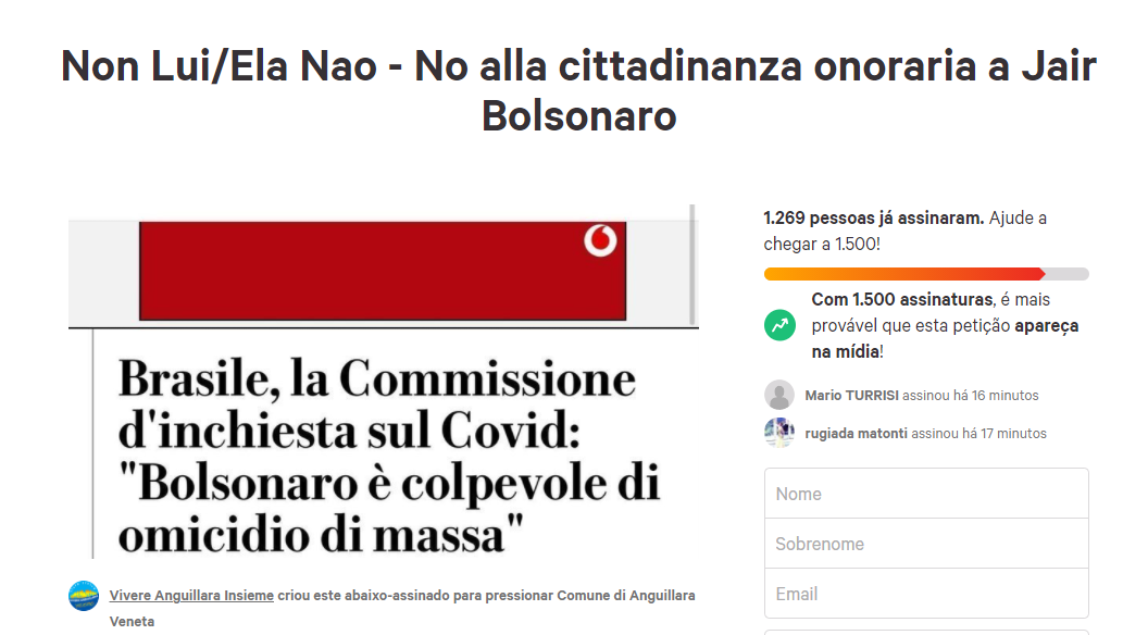 Italianos fazem petição contra o presidente Jair Bolsonaro (sem partido) e enfatizam acusações relacionadas a crimes cometidos durante a pandemia.