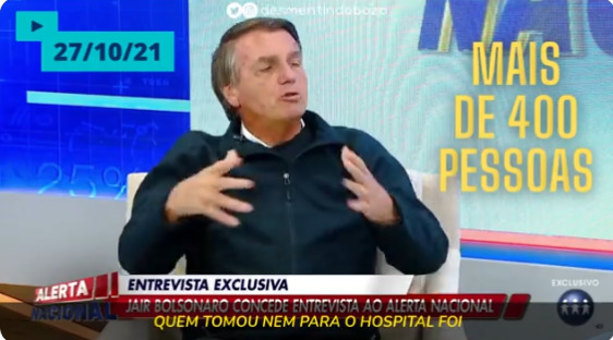 O presidente Jair Bolsonaro (sem partido) se perdeu na mentira em entrevista ao programa de Sikêra Jr, na quarta-feira (27). Imagem: Reprodução