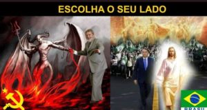 Ilustração mostra Lula ao lado do diabo e Bolsonaro ao lado de Jesus