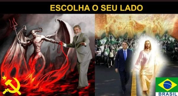 Ilustração mostra Lula ao lado do diabo e Bolsonaro ao lado de Jesus