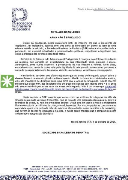 Nota da Sociedade Brasileira de Pediatria