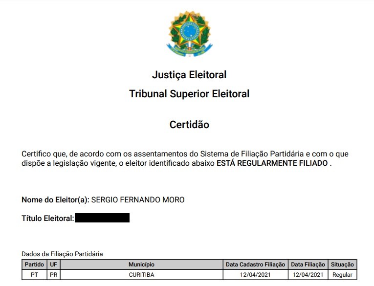Ficha de comprovação da filiação de Moro ao Partido dos Trabalhadores (PT). Imagem: Reprodução