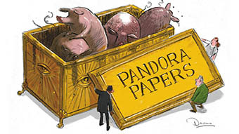 Charge de Daron Parton sobre a revelação dos Pandora Papers. Imagem: Charge/Daron Parton