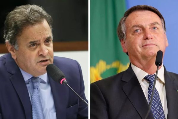 Bolsonaro e Aécio em tela dividida, numa montagem