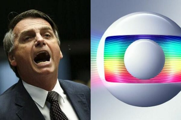 Bolsonaro gritando e logo da Globo em montagem com tela diividida