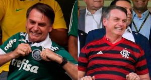 Bolsonaro com as camisas de Palmeiras e Flamengo
