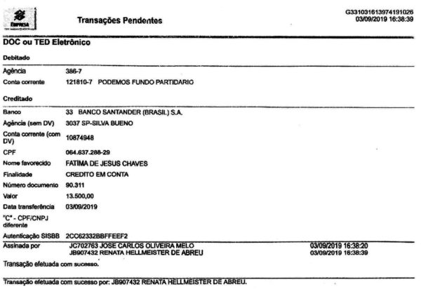 Documento de transferência de recursos do Podemos para o diretório de Santa Cruz