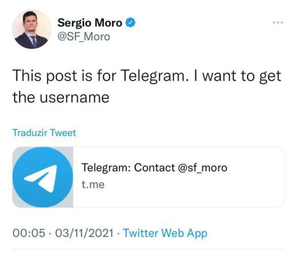 Sergio Moro divulga link do seu Telegram no Twitter