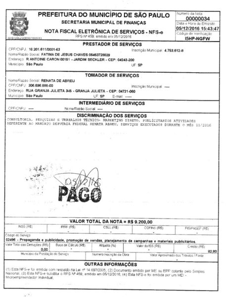 Nota fiscal emitida por serviço prestado para a deputada Renata Abreu