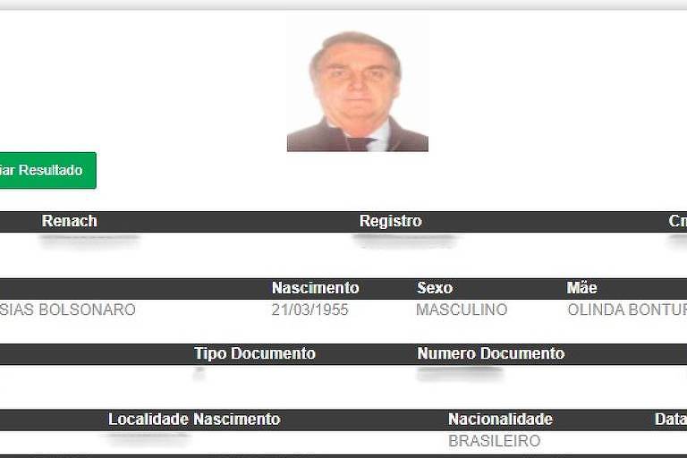 Dados vazados do presidente Jair Bolsonaro (PL). Imagem: Reprodução