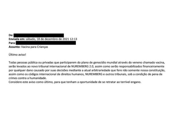 E-mail com ameaça à Anvisa