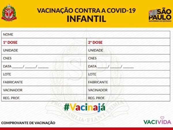 Modelo do cartão de vacinação feito pela gestão Doria