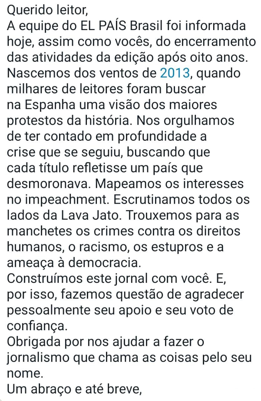 Jornalistas do El País no Brasil divulgam carta de despedida. Imagem: Reprodução