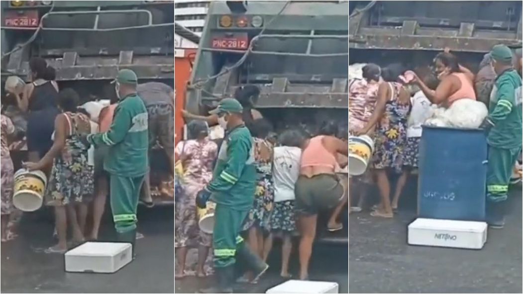 Pessoas procuram o que comer no caminhão do lixo, em Fortaleza. Foto: Reprodução