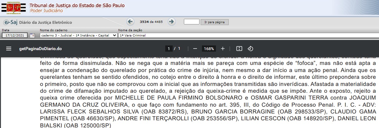 Trecho da condenação de Michelle Bolsonaro