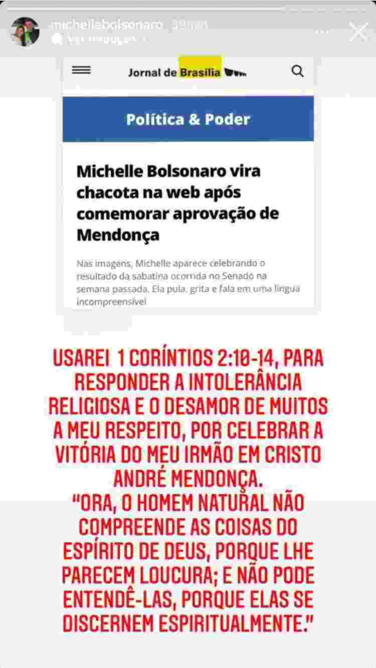 Michelle postou um story no Instagram rebatendo piadas. Imagem: Reprodução/Instagram