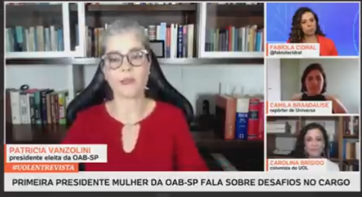 A presidente eleita da OAB de São Paulo, Patricia Vanzolini, em entrevista ao UOL. Imagem: Reprodução/UOL