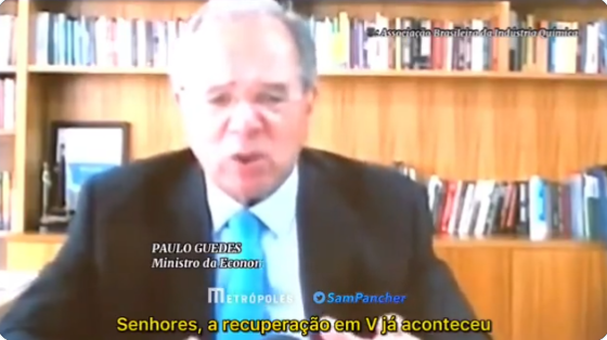 O ministro da Economia do governo Bolsonaro, Paulo Guedes, falou em um evento da Abiquim. Imagem: Reprodução