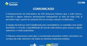 Comunicado nas plataformas virtuais do Ministério da Saúde. Imagem: Reprodução/Ministério da Saúde