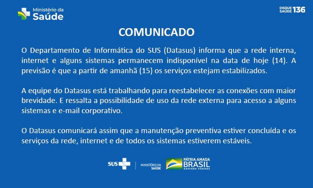 Comunicado nas plataformas virtuais do Ministério da Saúde. Imagem: Reprodução/Ministério da Saúde