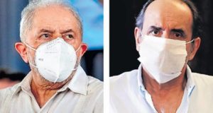 Montagem com as fotos de Lula e Kalil uma ao lado da outra. Ambos usam máscara.