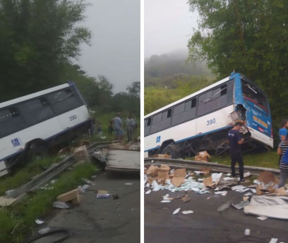 Ônibus com passageiros colide em caminhão e cai em ribanceira na rodovia Régis Bittencourt, em SP. Foto: Reprodução