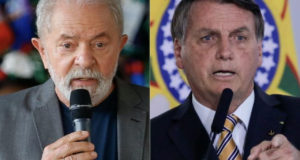 Motagem de foto com lula (à esquerda, falando ao microfone e com terno cinza) e Bolsonaro (à direita, usando terno preto e também fala ao microfone)