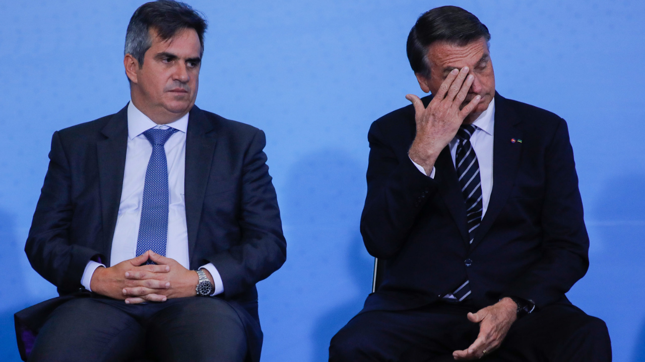Foto de Bolsonaro com cara preocupada e mão direita no olho. Ao lado esquerdo, Ciro Nogueira tem olhar de desprezo