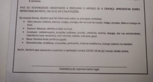 Foto do documento que pede autorização dos pais para vacinação de crianças.