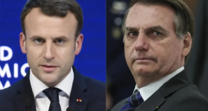 Foto de Macron (à esquerda) e Bolsonaro (à direita). Macron está sem barba, pele branca e cabelos castanhos. Bolsonaro também não usa barba, tem cabelo grisalho e olhar sério.