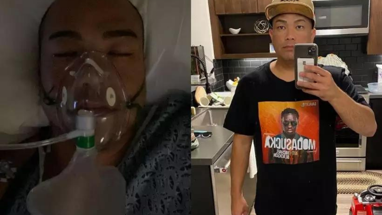 à esquerda, christian Cabrera com uma máscara de ocigênio no rosto. à direita, ele tira uma selfie de boné e camisa preta. A pele dele é negra com traços orientais.